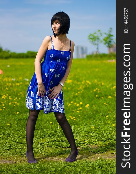 Summer girl in a blue dress against a background of green grass. Summer girl in a blue dress against a background of green grass