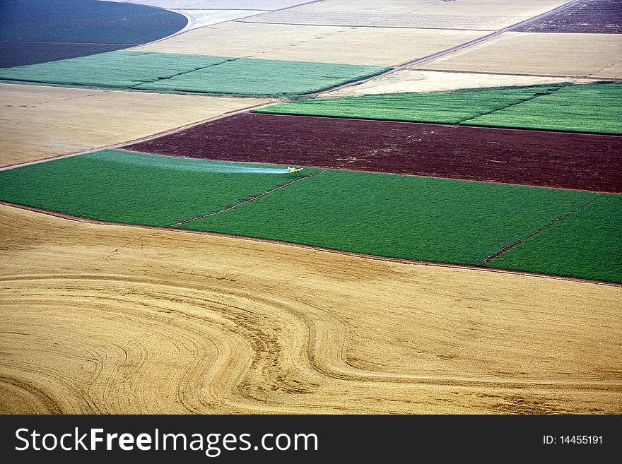 Aerial landscape with rural fields at hot summer