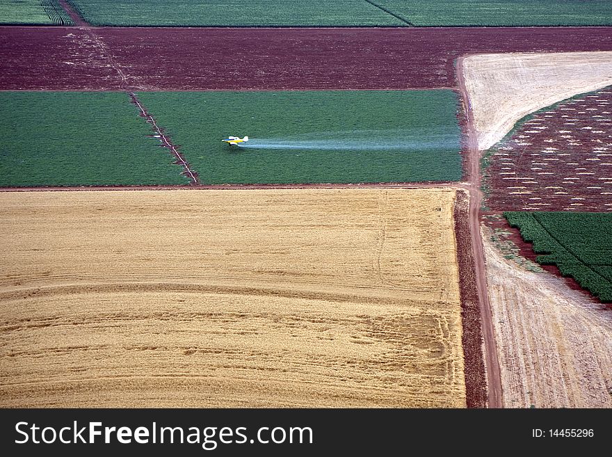 Aerial landscape with rural fields at hot summer