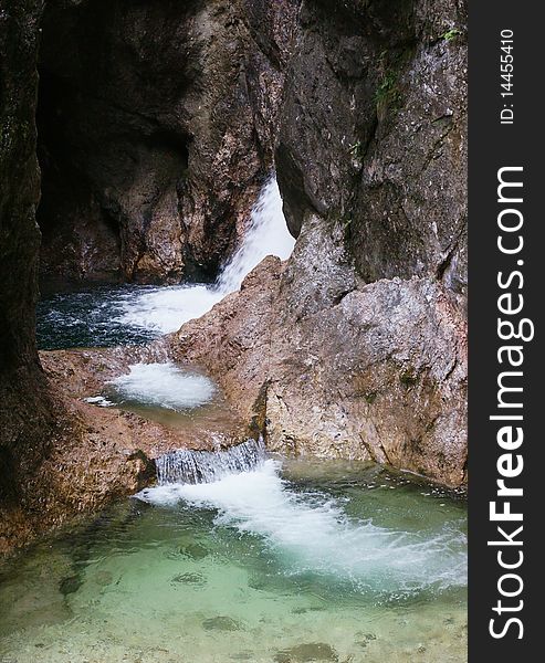 The Almbach River is running through a ravine in the German part of the Alps near Marktschellenberg, accross from Salzburg.