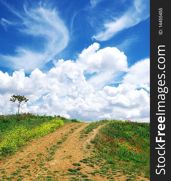 Road in village and beautiful clouds. Nature composition. Road in village and beautiful clouds. Nature composition.