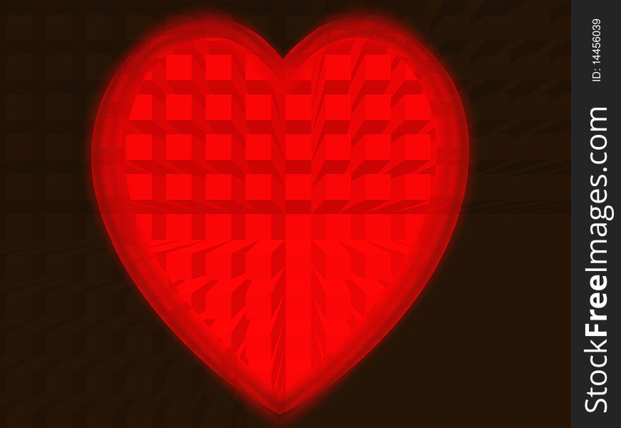 Red heart from squares on colour background