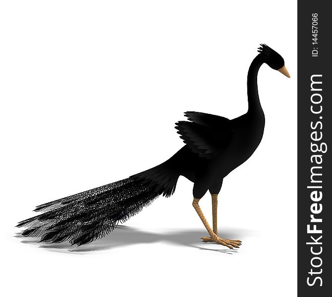 Black fantasy bird with beautiful feathers. 3D