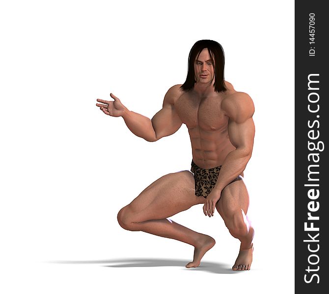 The apeman out of the jungle. 3D rendering with clipping path and shadow over white