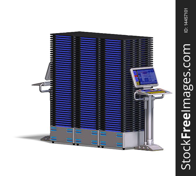 A historic science fiction computer or mainframe. 3D rendering with clipping path and shadow over white