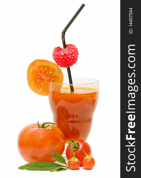 Tomatoes and tomato juice on white background