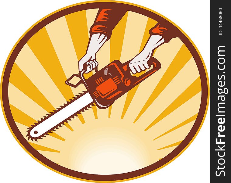 Illustration of a hand holding chainsaw with sunburst in background