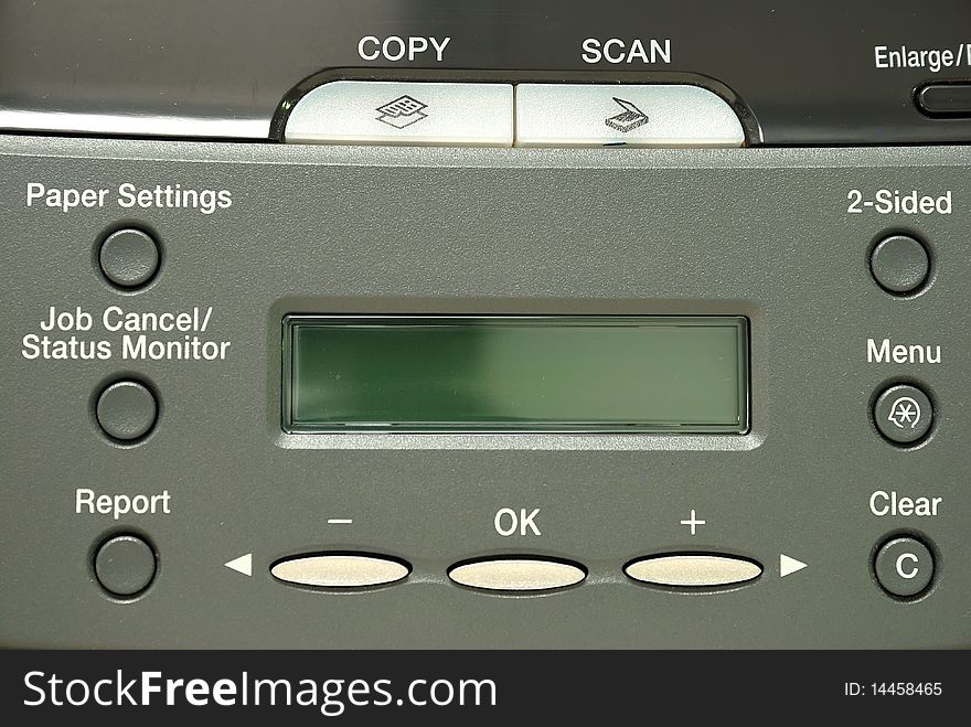 Generic control panel of a printer and scanner. For business and work objects, and industrial concepts. Generic control panel of a printer and scanner. For business and work objects, and industrial concepts.