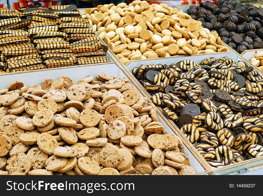 Close up of cookies on market stand