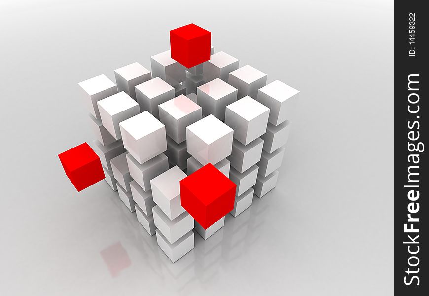3D rendered illustration of cubic diagramatic structure made up of white and red cubes coming together. 3D rendered illustration of cubic diagramatic structure made up of white and red cubes coming together