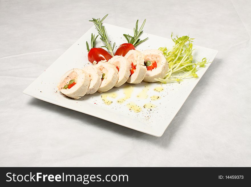 Chicken filled with salmon and cherry tomato. Chicken filled with salmon and cherry tomato