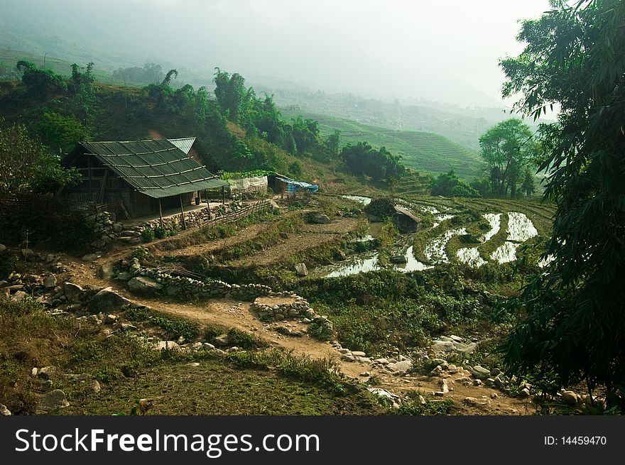 Rural house and rice terrace in Vietnam's Lao Cai mountains. Rural house and rice terrace in Vietnam's Lao Cai mountains