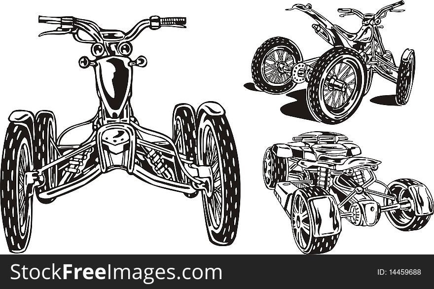 In drawing three quadbikes are represented. In drawing three quadbikes are represented.