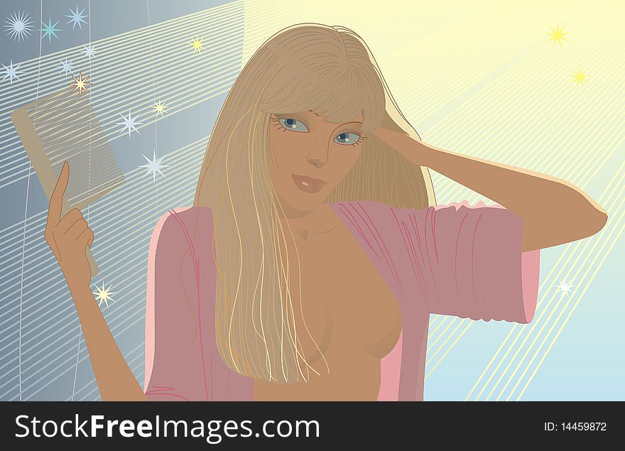 Young lady with comb, blond, pretty, silouette, summery south morning. Young lady with comb, blond, pretty, silouette, summery south morning