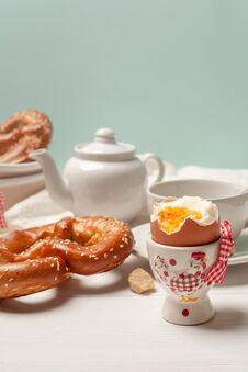 Rustic Breakfast. Boiled Eggs And Pastries On White Wooden Background Stock Photos Rustic Breakfast. Boiled Eggs And Pastries On White Wooden Background Stock Photos