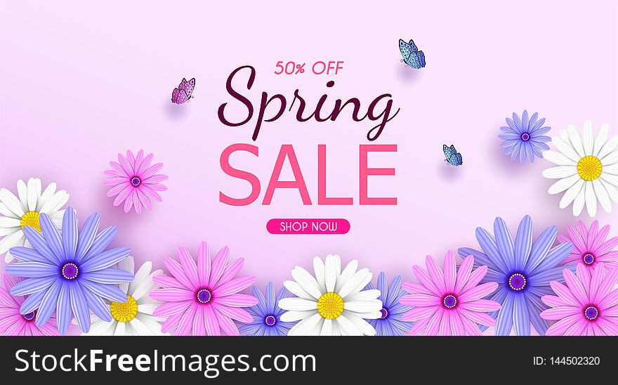 Spring Sale Banner background with beautiful colorful flowers are blooming