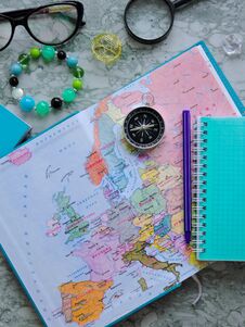 Top View Of A Map And Items. Planning A Trip Or Adventure. Travel Planning Dreams. Stock Photography
