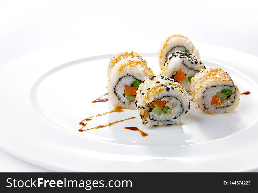 Japanese rolls set , Delicious sushi rolls served background