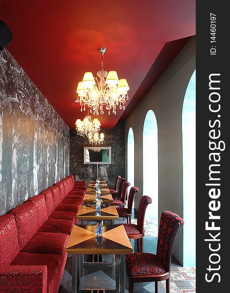 Interior of restaurant in red color