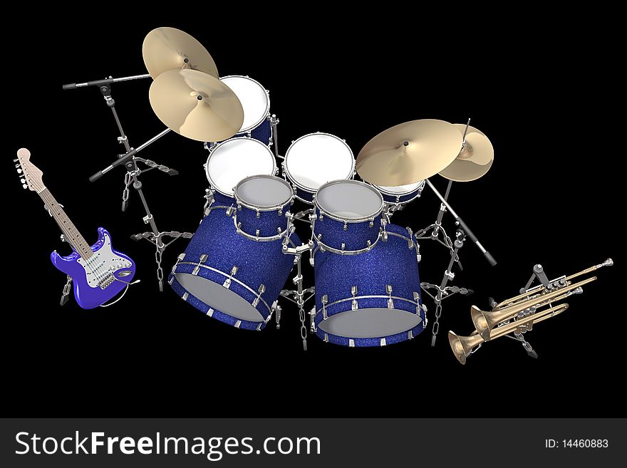 Drum kit guitar and trumpet isolated on a black