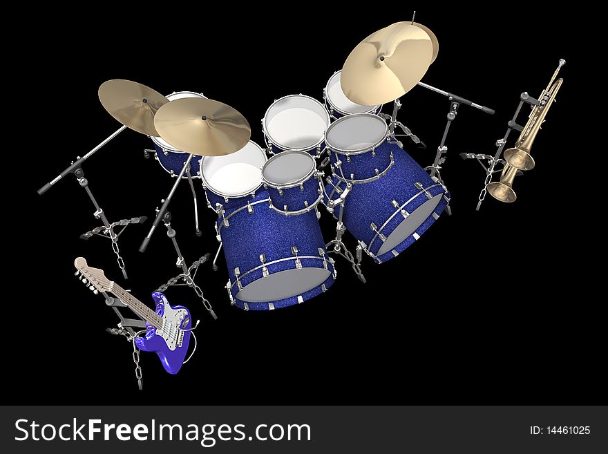Jazz background drum kit guitar and trumpet isolated on a black background