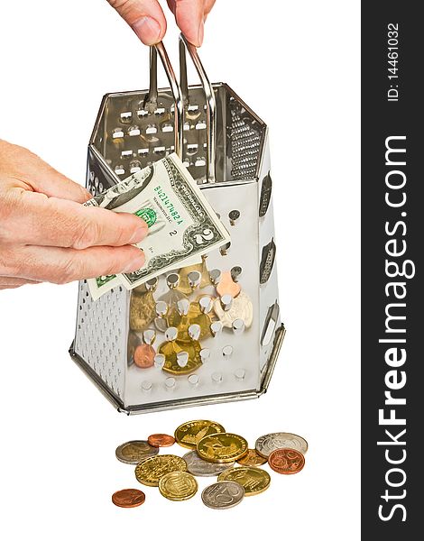 Currency exchange (concept image with grater and money). Currency exchange (concept image with grater and money)