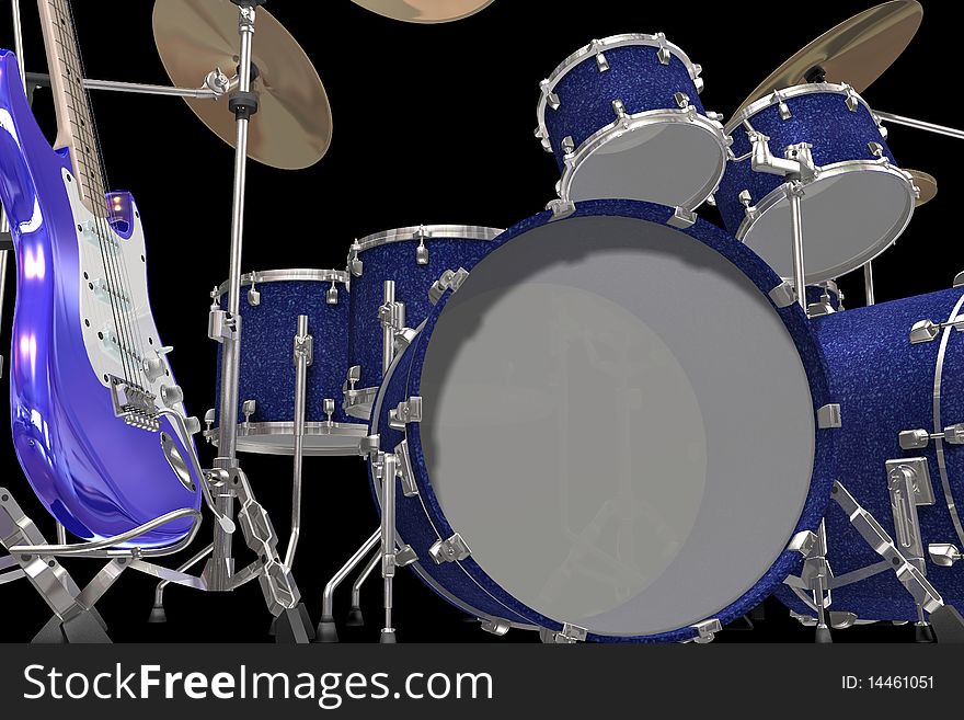 Jazz background drum kit guitar and trumpet isolated on a black background