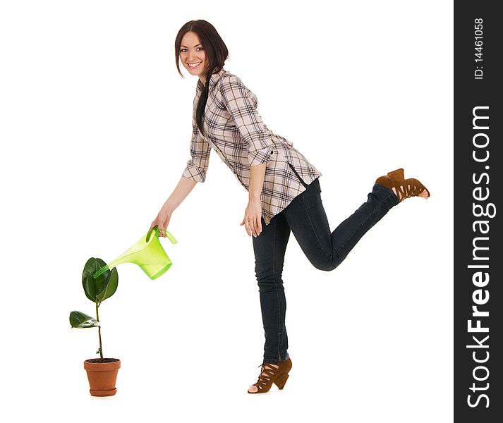 Beautiful young woman watering a plant