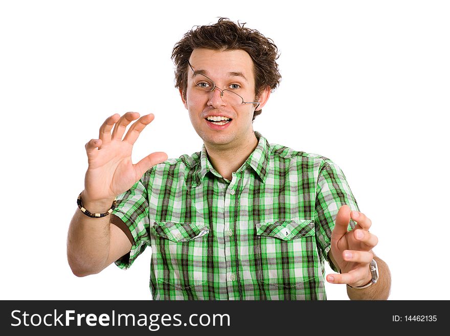 Taken by surprise, even specs falling off his nose, all nice and crisp with details, isolated on white background. Taken by surprise, even specs falling off his nose, all nice and crisp with details, isolated on white background