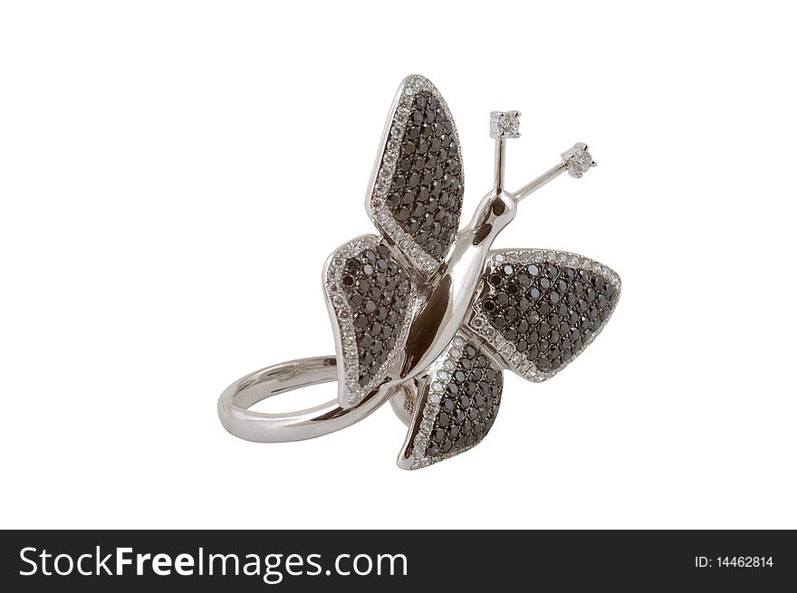 The Golden Ring in the form of the butterfly with the jewels, isolated on a white background