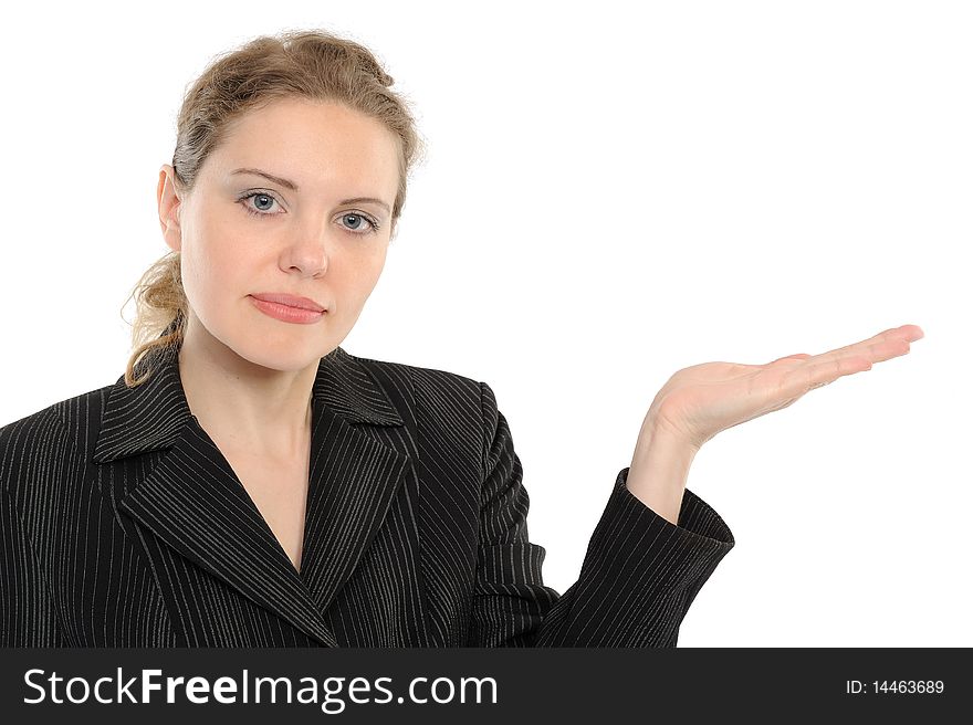 Beautiful business woman holding hand presenting a product. On a white background. Beautiful business woman holding hand presenting a product. On a white background