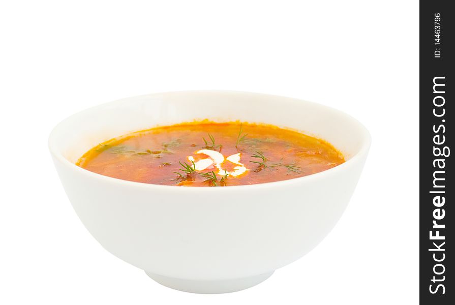 Plate with a borsch on a white background