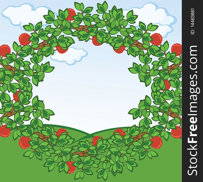 Framework from apple-tree branches. A background.  A rural landscape. Framework from apple-tree branches. A background.  A rural landscape.