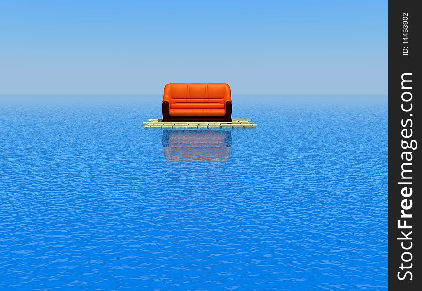 Sofa in the sea on the raft