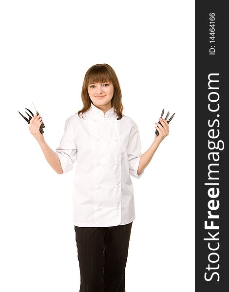Cook girl holding many knife - isolated on white
