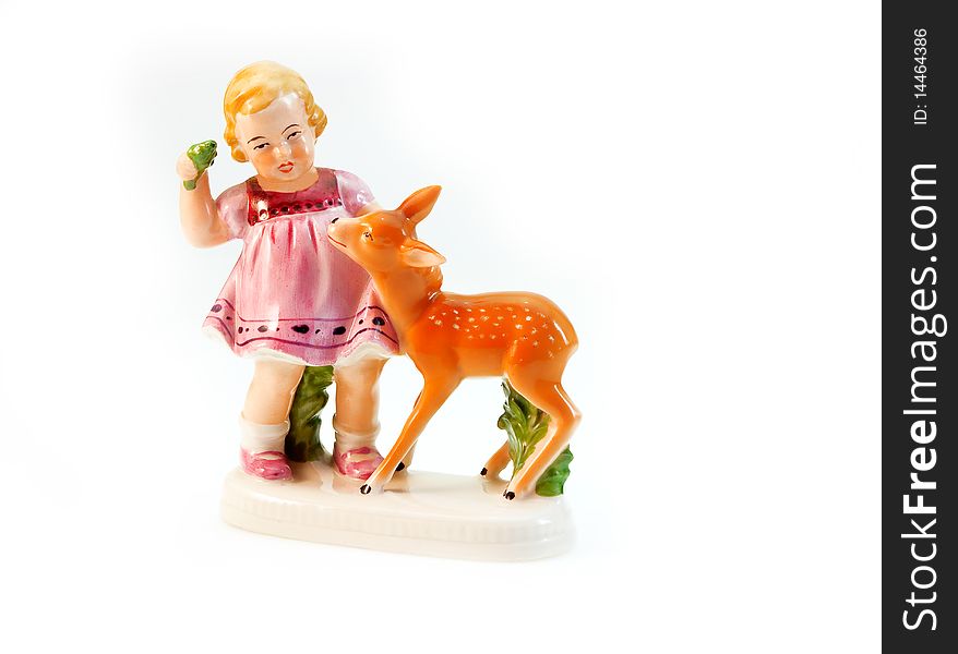 Statuette of girl with a deer isolated on white
