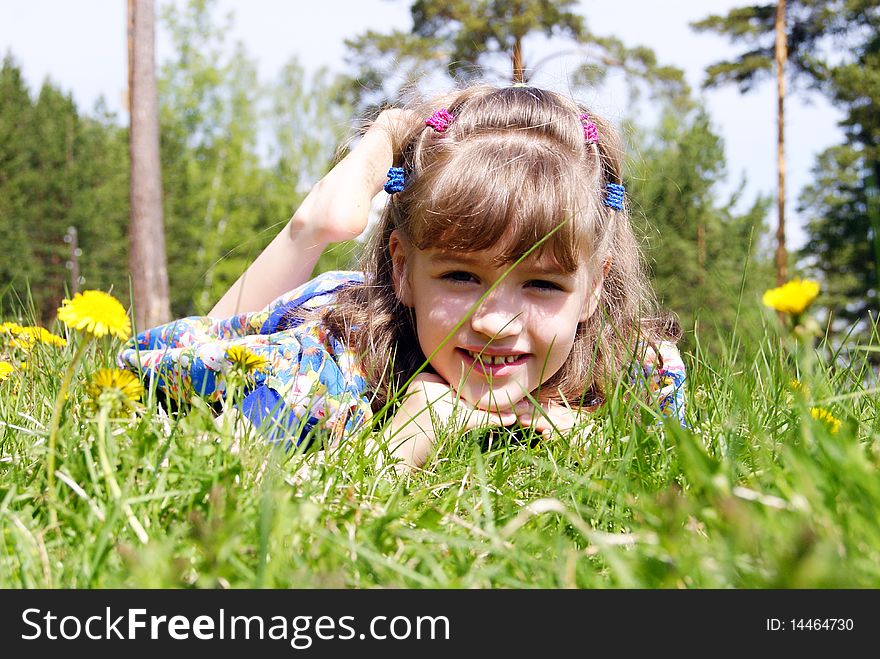 The beautiful child lays on a green lawn in the summer on the nature. The beautiful child lays on a green lawn in the summer on the nature