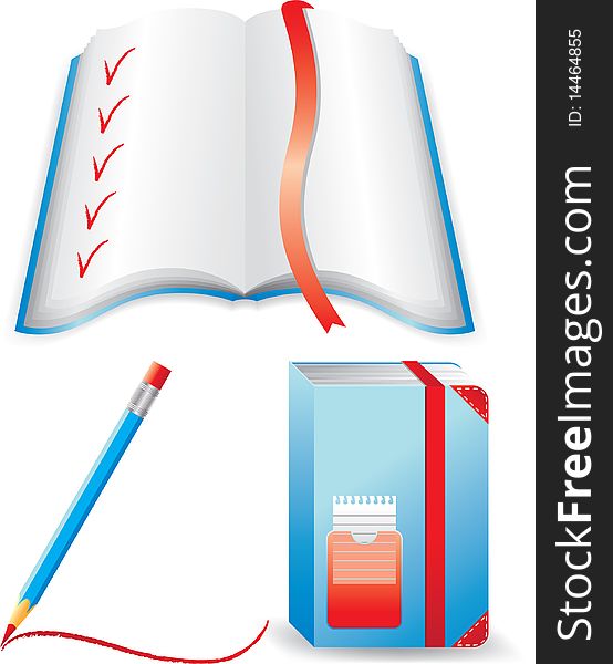 Blue notebook, open book and pencil. Isolated on a white background. Vector will be additional. Blue notebook, open book and pencil. Isolated on a white background. Vector will be additional