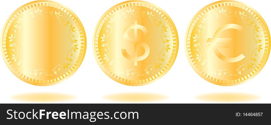 Golden coins set. Various variants of design. Isolated on a white background. Vector will be additional
