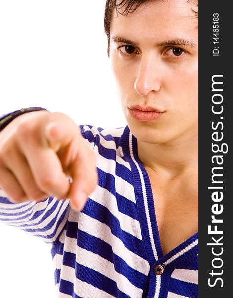 Young casual man pointing with is finger to the camera