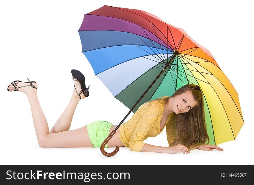 Lovely young lady posing with color umbrella