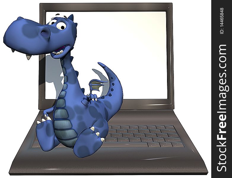 Baby dragon blue is seated on the laptop keyboard. Baby dragon blue is seated on the laptop keyboard