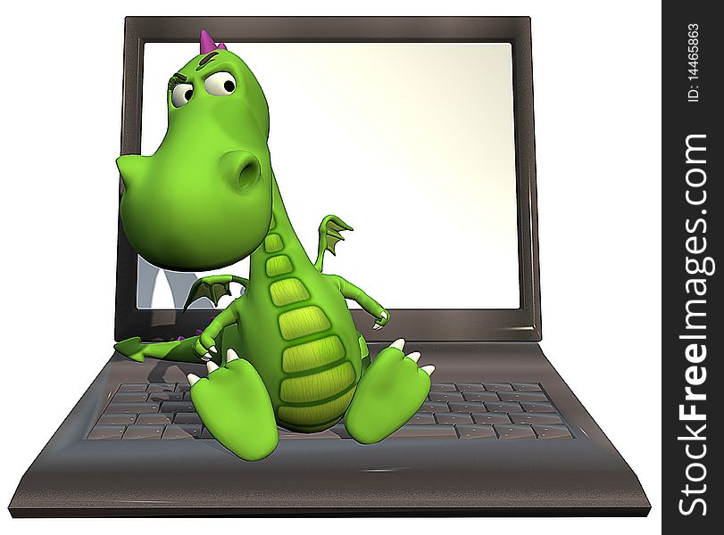 Baby dragon green is seated on the laptop keyboard. Baby dragon green is seated on the laptop keyboard