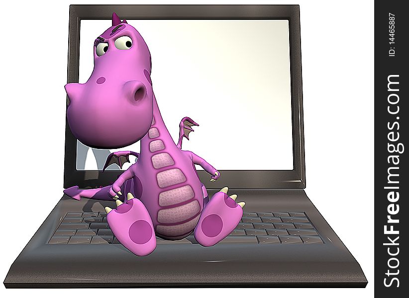 Baby dragon pink is seated on the laptop keyboard. Baby dragon pink is seated on the laptop keyboard