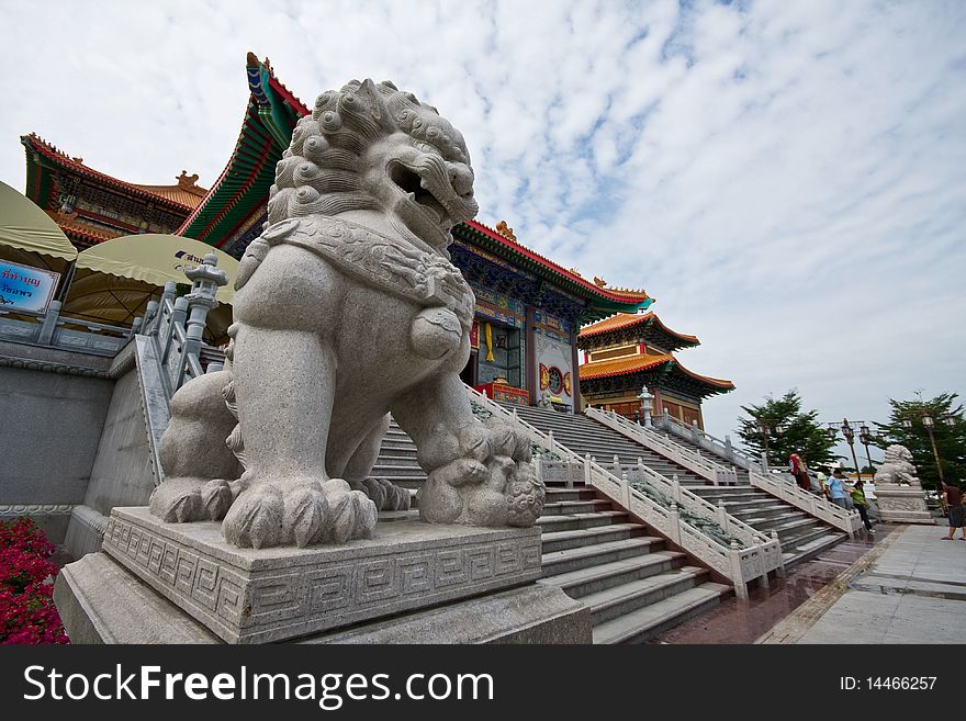 Chinese lion front of baromraja temple thailand