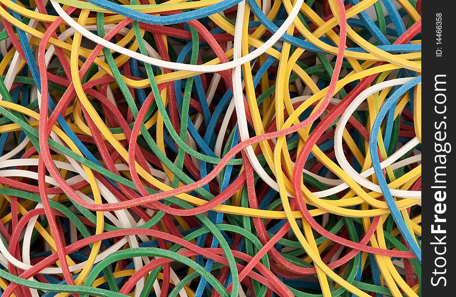 Closeup of a pile of colored rubber bands