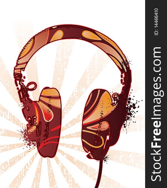 Headphones on ray bakground with floral motif. Separate elements. Headphones on ray bakground with floral motif. Separate elements.