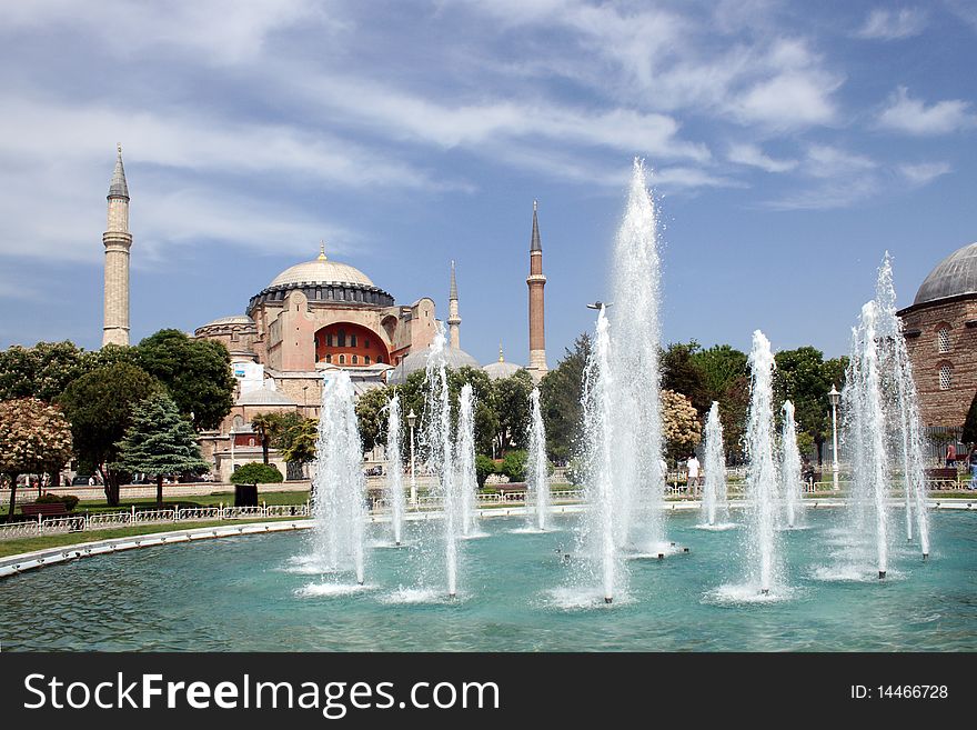 Fountain on background with famous Hagia Sophia in Istanbul