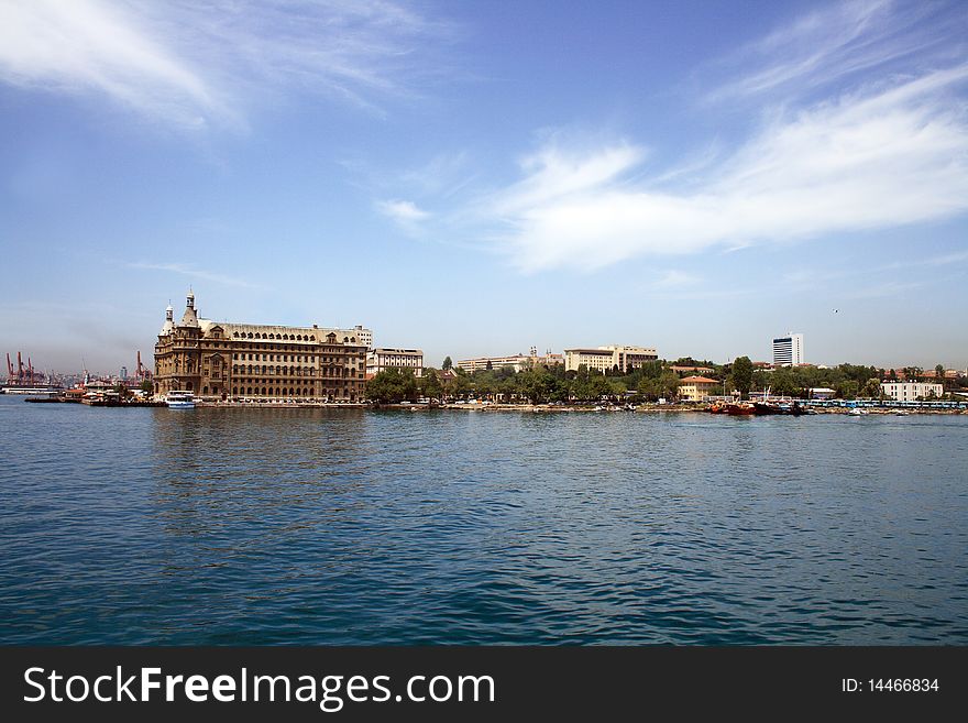 Summer sea landscape with Haydarpasa railway station, Istanbul, Turkey