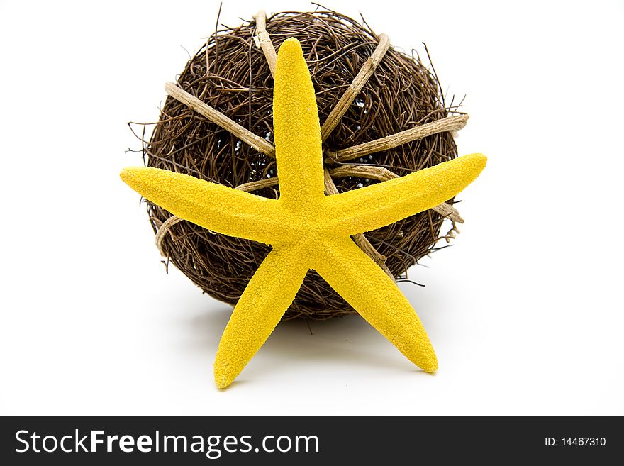 Yellow sea star with wood ball. Yellow sea star with wood ball